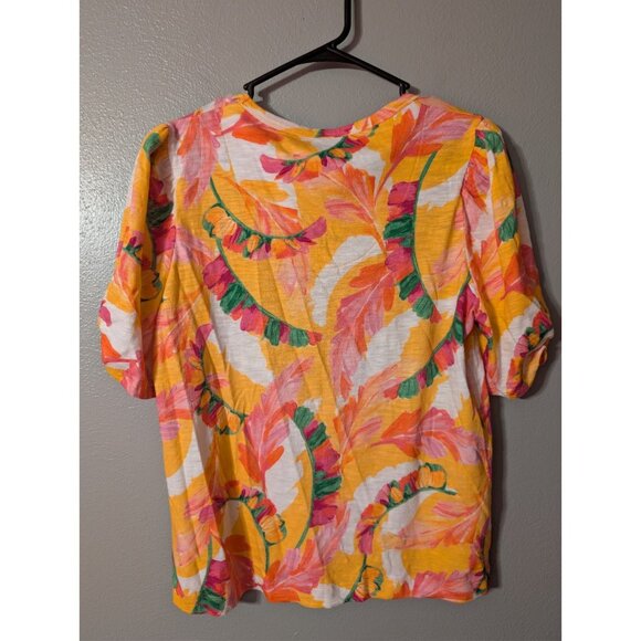 Chico's Top Size 2 L Yellow Pink Tropical Feather Print Cotton Modal Puff Sleeve - Picture 3 of 7